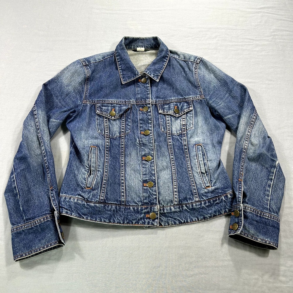 VINTAGE J Crew Jacket Womens Medium Blue Denim Cropped Trucker Distressed Ladies